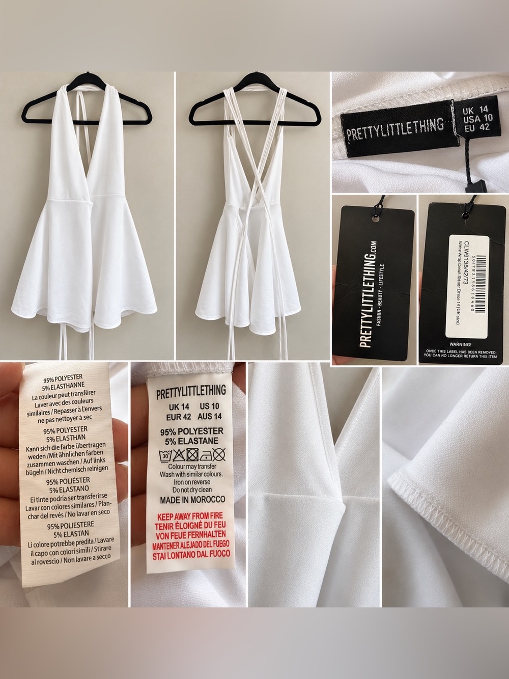 PrettyLittleThing White Wrap Detail Skater Dress White Mini Size 10 NWT